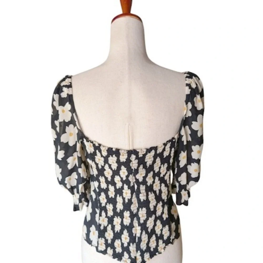 Reformation Georgia Daisy Print Smocked‎ Puff Sleeve Square Neck Blouse Size 10